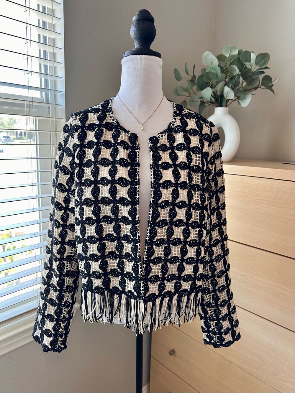H&M Black and Cream Fringe Cropped Tweed Jacket